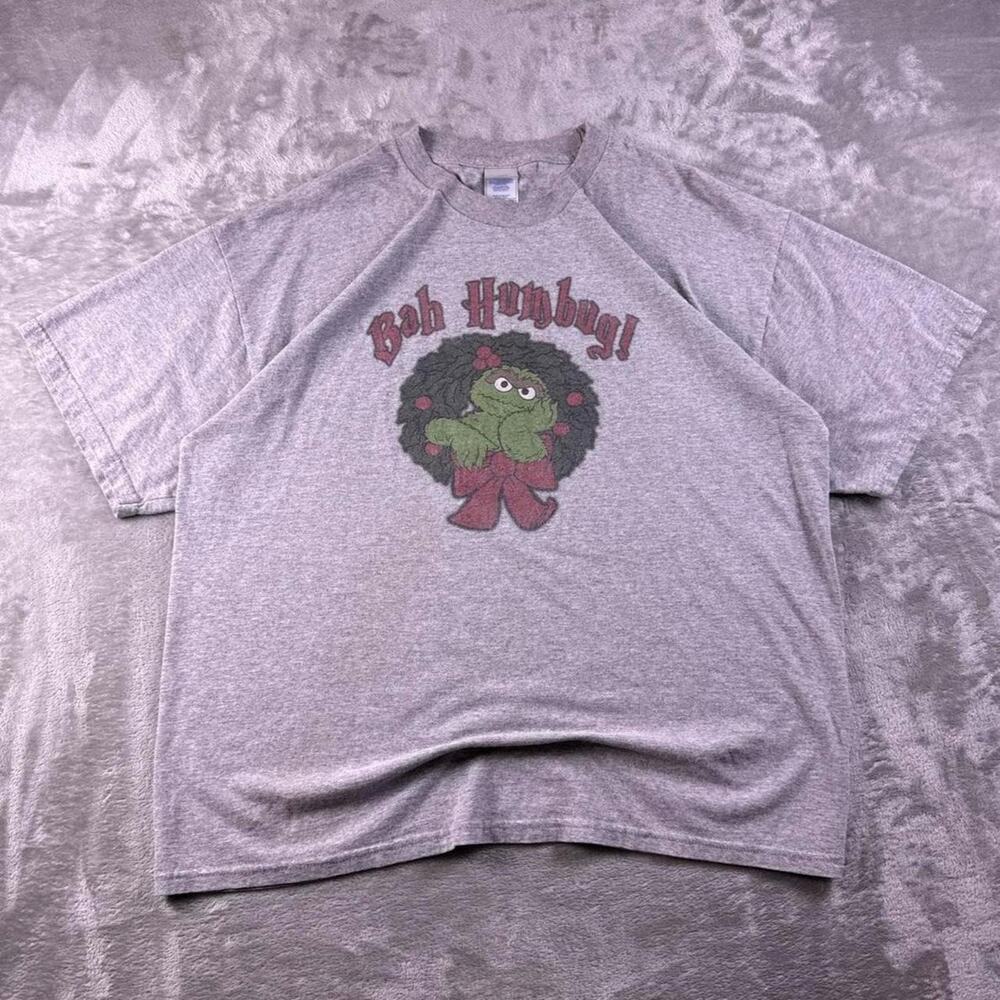 Vintage Sesame Street Oscar The Grouch Christmas T Shirt Mens XL Gray Bah Humbug
